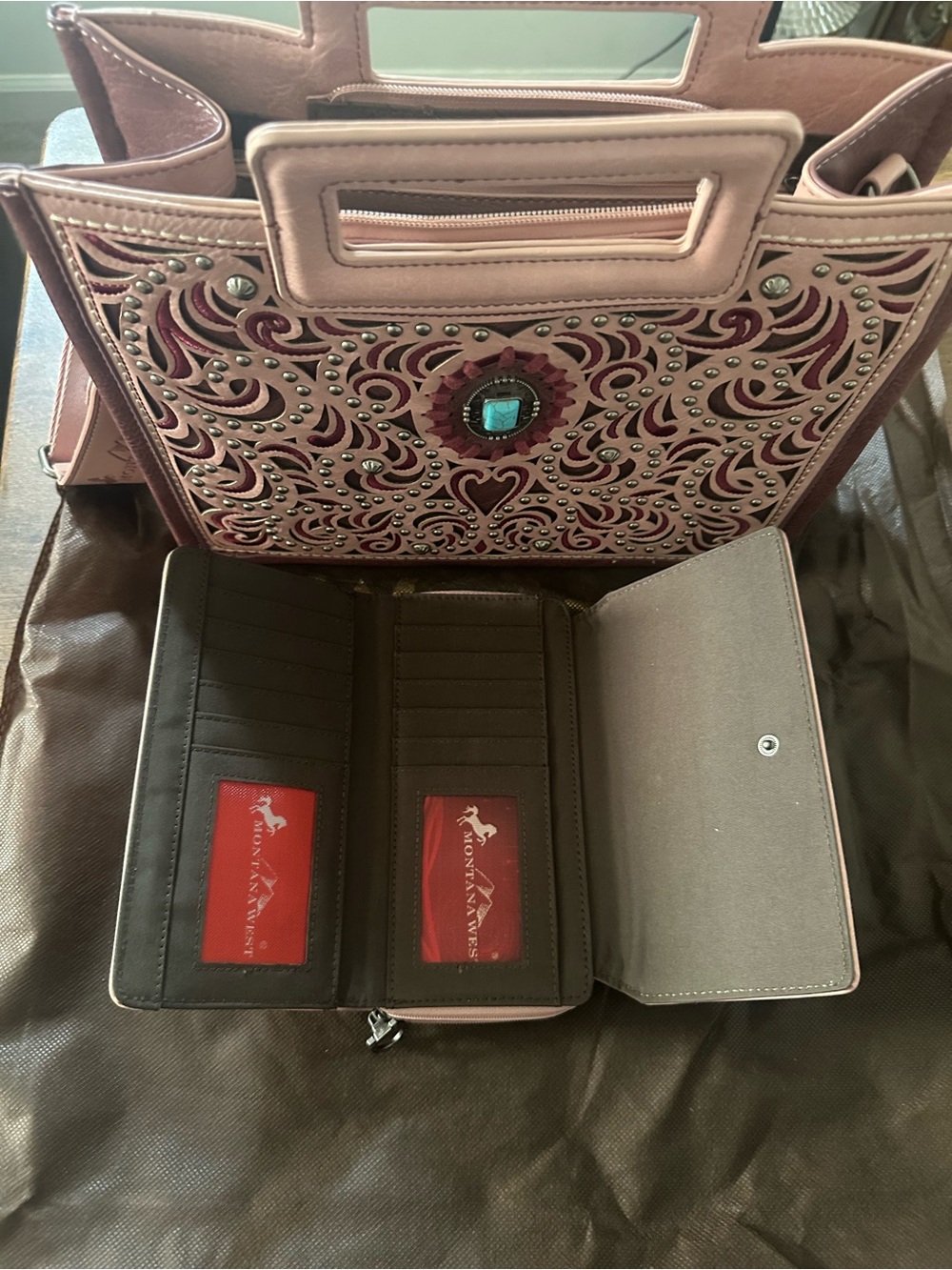 Women's Pink Embellished Tote Bag with Matching Wallet